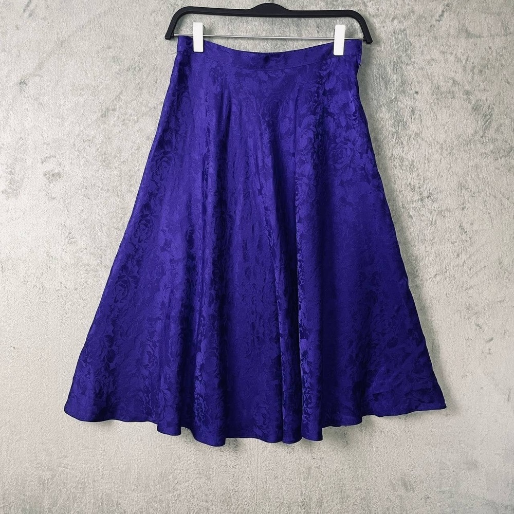 Papell Too 100% Silk Jacquard Midi Skirt Purple Floral A-Line Side Zip Size 10